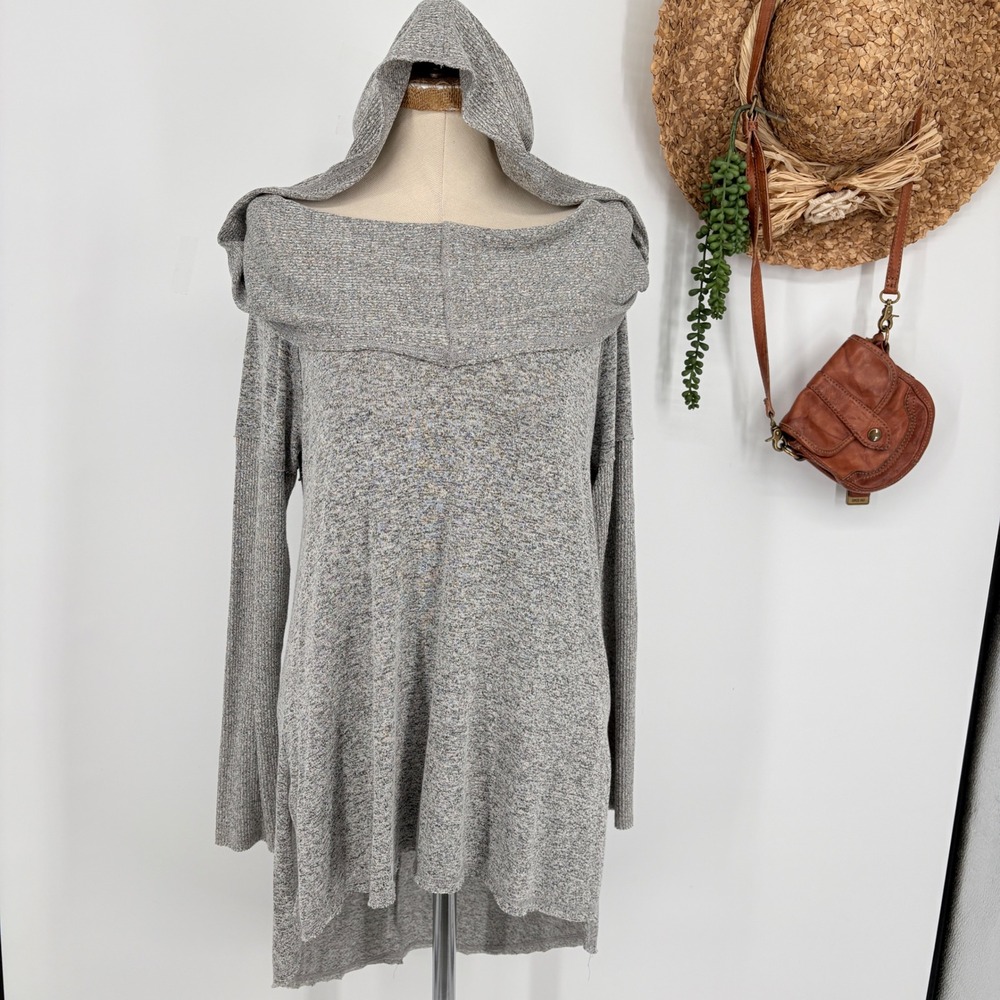 Soft Surroundings M hooded convertible cowl neck tunic raw hem heather grey Cozy
